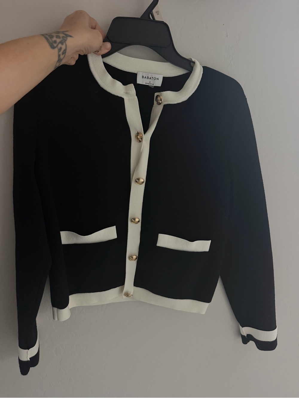 Babaton Black Cardigan with White Contrast Trim